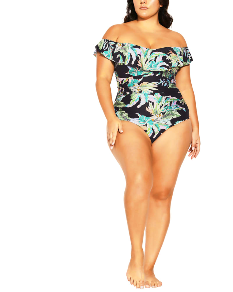 Front of a model wearing a size XS Samira Printed One-Piece in Black / Light Green by City Chic. | dia_product_style_image_id:209975